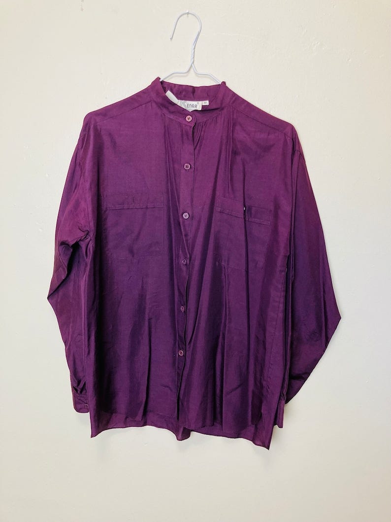 1980s Plum Silk Vintage Minimalist Button Down Blouse image 1