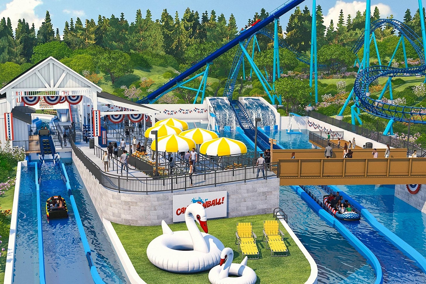 Cannonball water coaster at Holiday World rendering of Ron the Swan Cannonball water coaster at Holiday World rendering of Ron the Swan