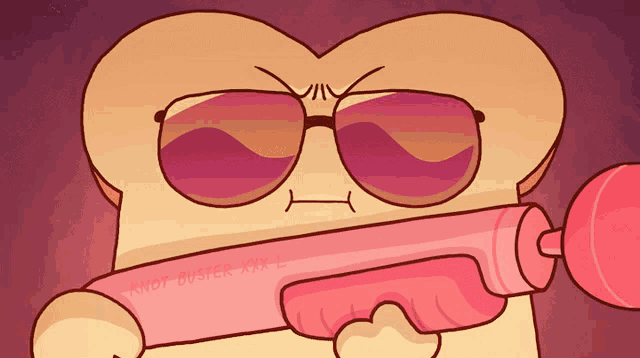 a cartoon drawing of a slice of bread wearing sunglasses and holding a pink gun