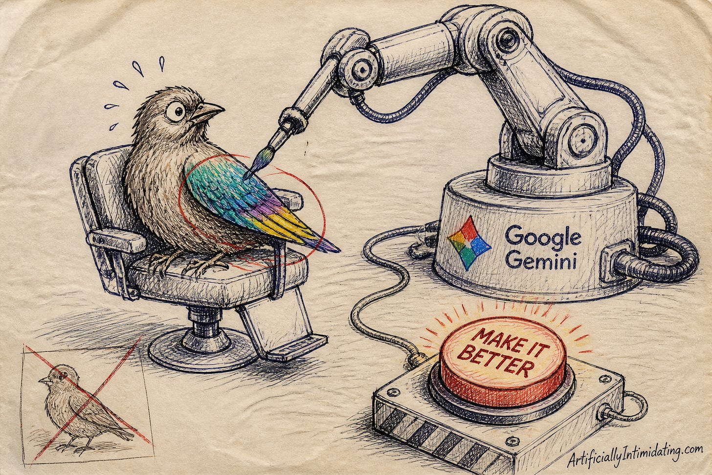 Editorial cartoon: a robot arm with a Google Gemini gem repaints a plain bird into a different, brighter species while a MAKE IT BETTER button glows and the original real bird is crossed out. Editorial cartoon: a robot arm with a Google Gemini gem repaints a plain bird into a different, brighter species while a MAKE IT BETTER button glows and the original real bird is crossed out.