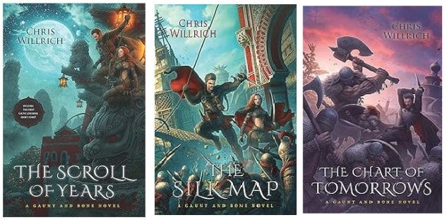 3 book covers for the Gaunt and Bone novels by Chris Willrich.