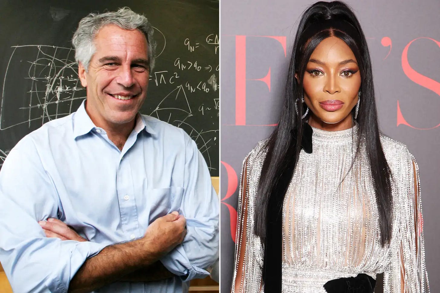 Billionaire Jeffrey Epstein in Cambridge, MA on 9/8/04; Naomi Campbell attends the Red Sea International Film Festival's "Women's Stories Gala" in partnership with Vanity Fair Europe on May 18, 2023 in Cap d'Antibes, France
