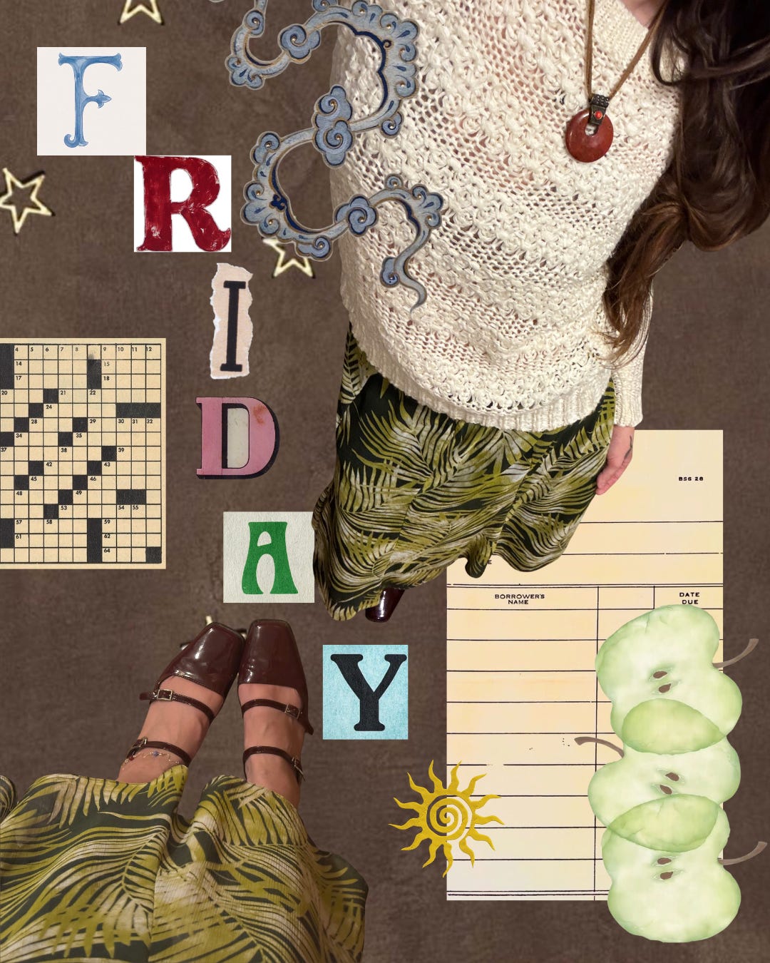Friday collage showing crossword puzzle, card, apple slices, and author in sweater