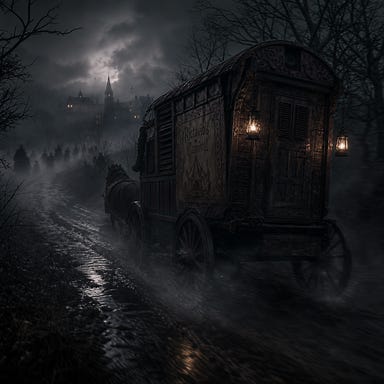 Atmospheric scene of Rictavio's carnival wagon fleeing Vallaki at dusk. The wagon rolls fast down a misty Barovian road, lanterns swaying, wheels kicking up fog. In the distance behind it, only vague silhouettes and shifting shadows hint at something pursuing—no explicit undead forms. The mood is tense, eerie, and foreboding, with heavy mist and dim light.