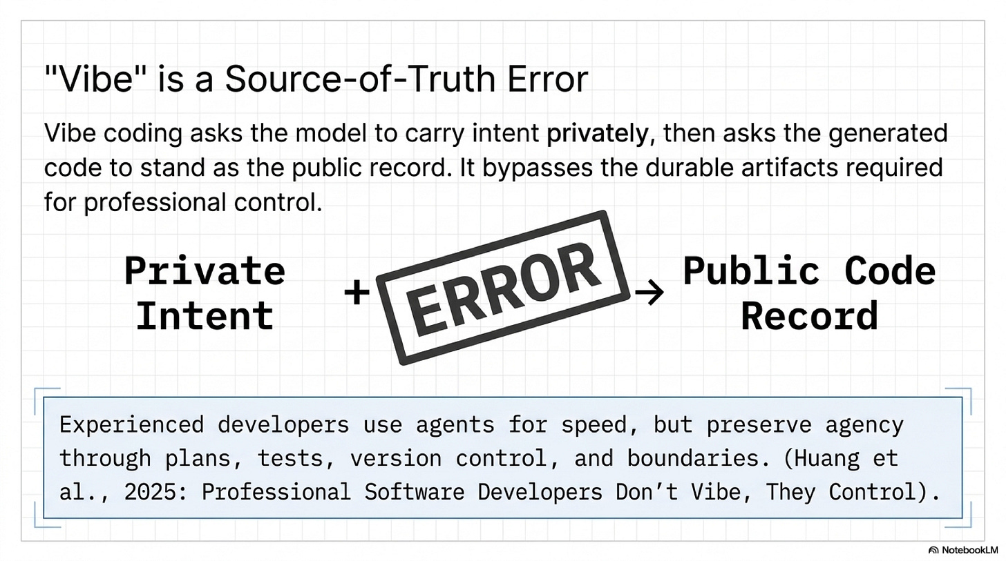 Vibe coding turns private intent into public code without a governed artifact in between