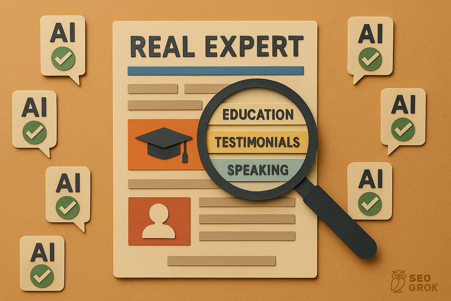 A papercraft image of an expert's bio page with education and professional speaking listed. There are checkmarks all around it from AI showing it likes what it sees. From SEOGrok.com
