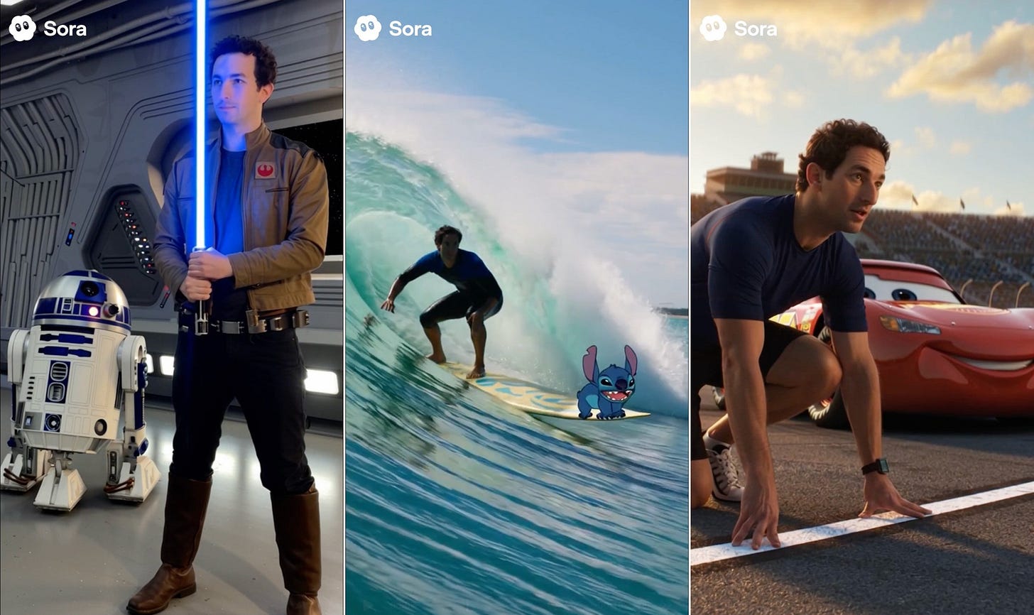 Three Sora-generated images featuring a guy with R2-D2, Lightning McQueen, and Stitch. Three Sora-generated images featuring a guy with R2-D2, Lightning McQueen, and Stitch.