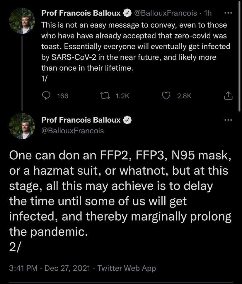 two tweets from Francois balloug declaring that N95 masks prolonged the pandemic, and that you were simply "delaying" infection. two tweets from Francois balloug declaring that N95 masks prolonged the pandemic, and that you were simply "delaying" infection.