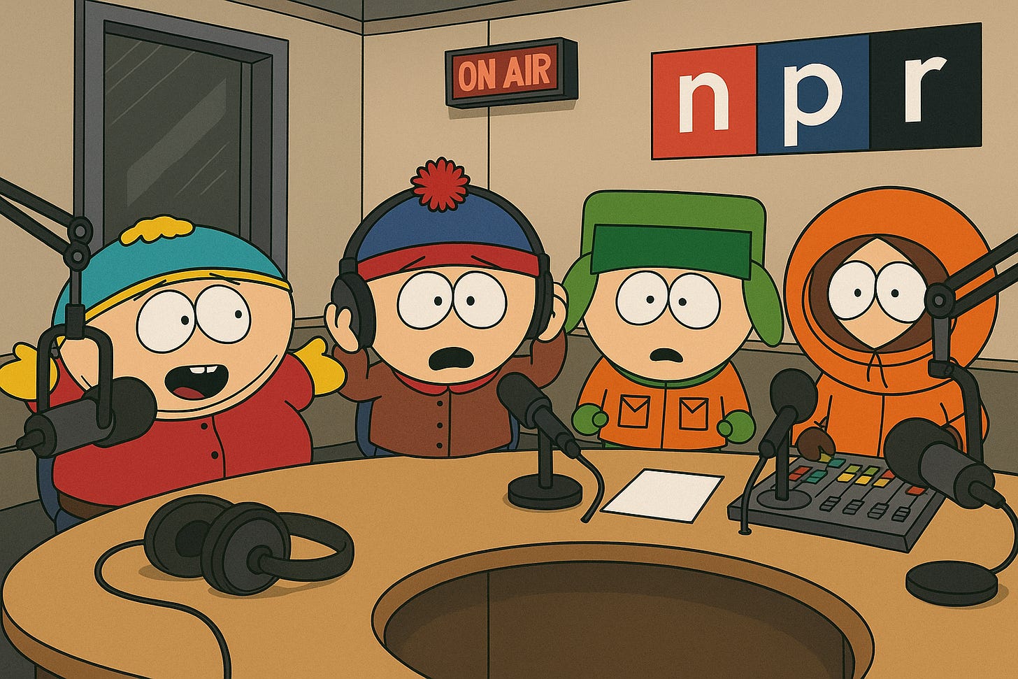 South Park characters inside National Public Radio studio