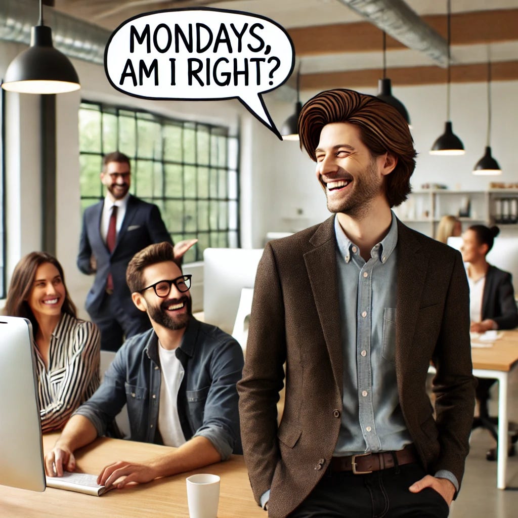 A lighthearted, professional office scene with a worker standing at their desk, making a friendly joke to a coworker. The worker is smiling, with a speech bubble containing a simple, humorous remark about office life, such as 'Mondays, am I right?' Other colleagues nearby are chuckling lightly, showing a positive reaction. The office environment is modern with desks, computers, and a casual but professional vibe. The scene is bright and inviting, capturing a moment of humor that fits into the professional setting without crossing any lines.