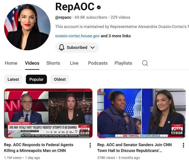 r/MurderedByAOC - AOC's Jan. 24, 2026 CNN Jake Tapper interview regarding the ICE k*lling of a nurse has 1.1MM views on her RepAOC account, which means her interview has likely 10s of MMs more views of clips on social media, Reddit, and YouTube. And such popularity might result in a decrease in ICE & DHS funding. r/MurderedByAOC - AOC's Jan. 24, 2026 CNN Jake Tapper interview regarding the ICE k*lling of a nurse has 1.1MM views on her RepAOC account, which means her interview has likely 10s of MMs more views of clips on social media, Reddit, and YouTube. And such popularity might result in a decrease in ICE & DHS funding.