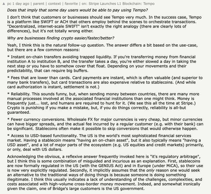 A screenshot of a social media post by Patrick Collison. Text includes "Someone on HN (which is often quite crypto-skeptical) asked why exactly businesses are finding crypto and stablecoins useful. It\'s a very reasonable question. My response: https://t.co/3Aa7Xt0XHr".