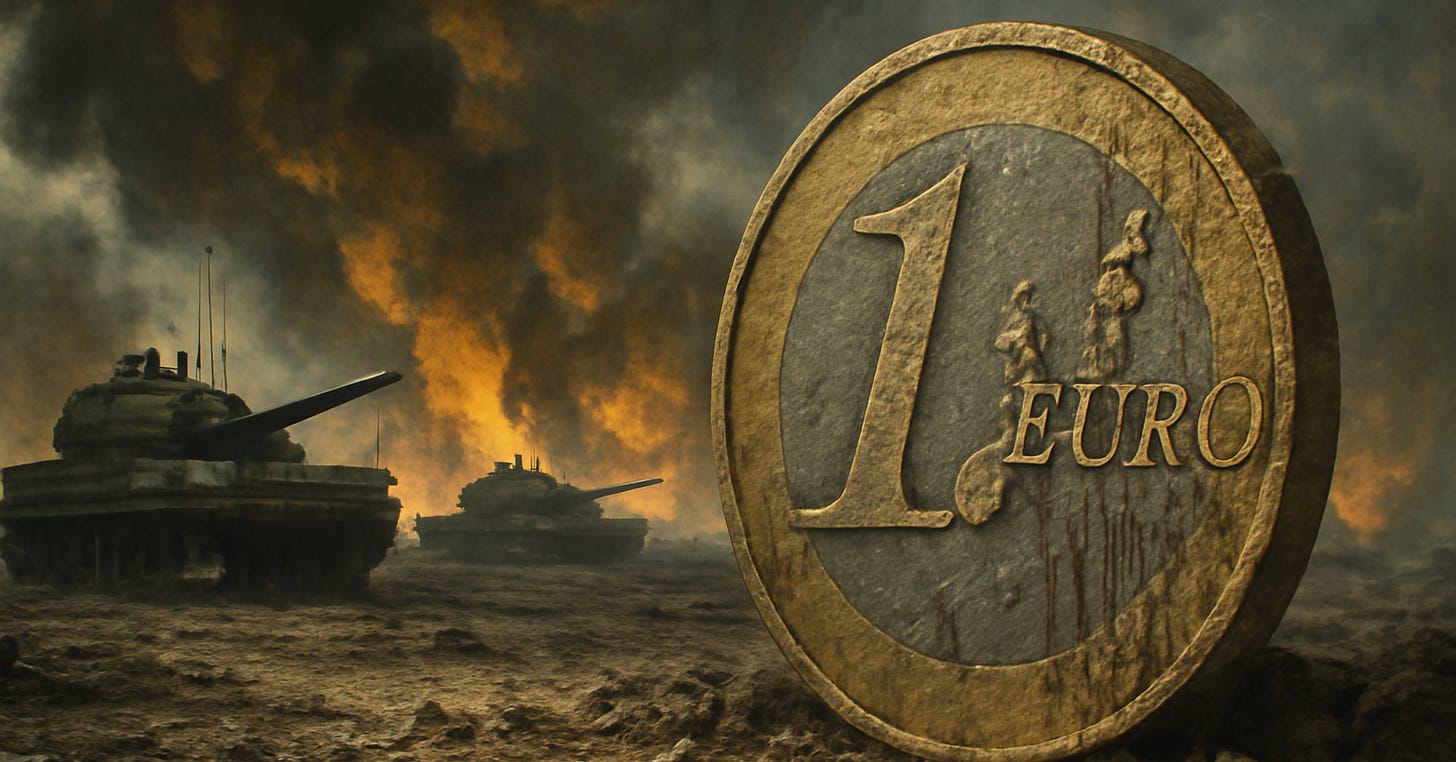 A close-up of a weathered Euro coin set against a smoky battlefield, with military tanks in the background. The tarnished coin, half-buried in the dirt, symbolizes the financial burden of Europe's escalating defense spending. The fiery smoke and distant tanks emphasize the geopolitical tension and military conflict in Europe. 