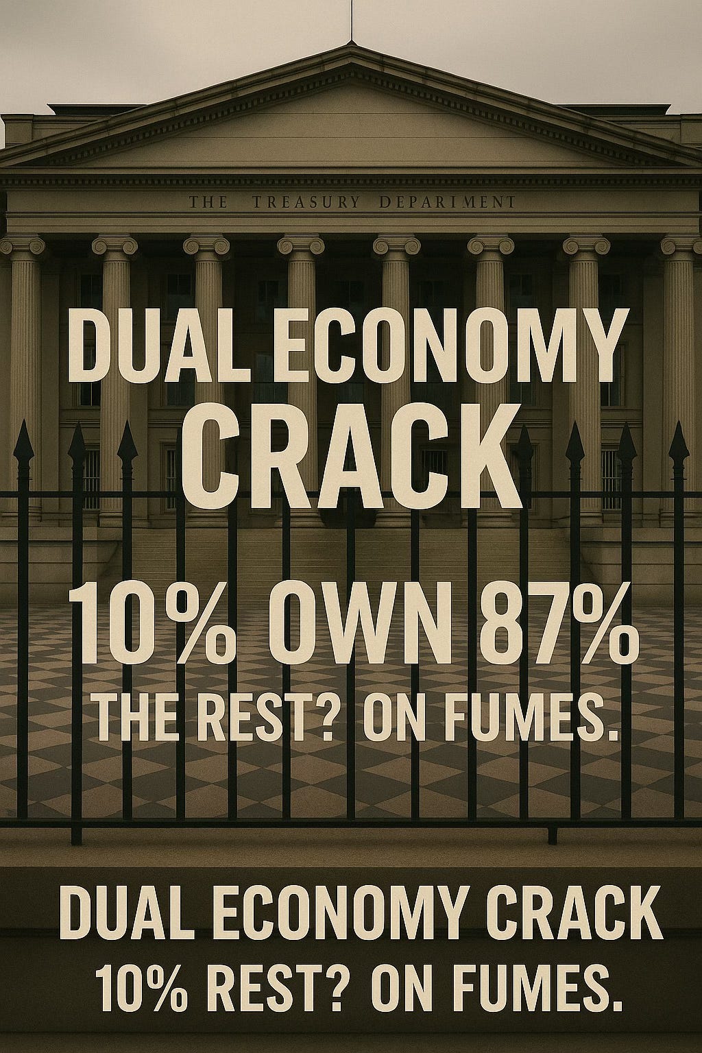 Dual Economy CrackAlt text: The Treasury Department fenced in, with distressed bold text declaring: “Dual Economy Crack — 10% Own 87%. The Rest? On Fumes.” Dual Economy CrackAlt text: The Treasury Department fenced in, with distressed bold text declaring: “Dual Economy Crack — 10% Own 87%. The Rest? On Fumes.”