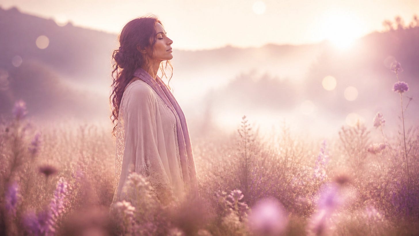 A serene and ethereal woman standing in a misty, sun-drenched meadow at dawn