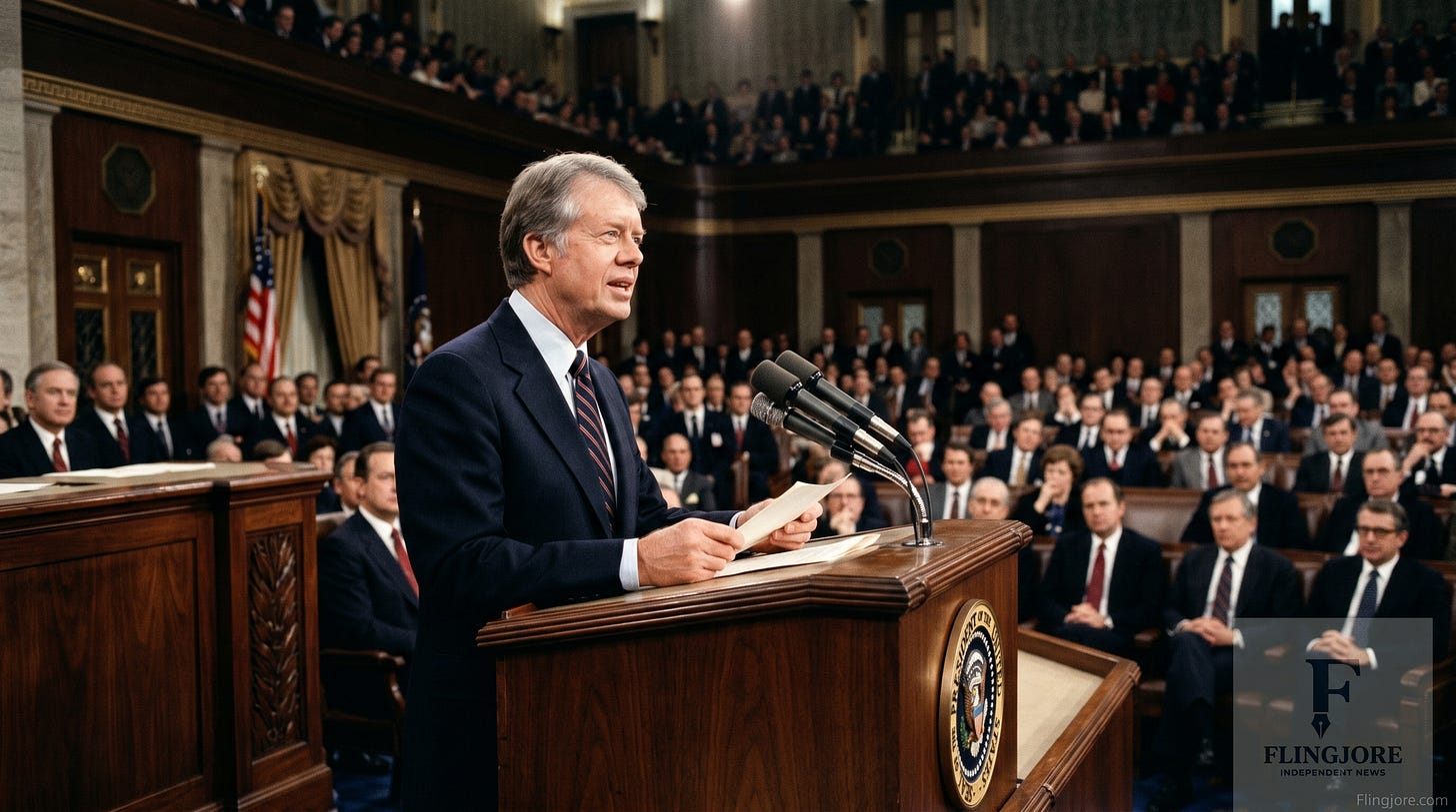 A historical photograph of President Jimmy Carter standing at the podium delivering his 1980 State of the Union address to a joint session of Congress. A Flingjore.com watermark is visible in the corner.