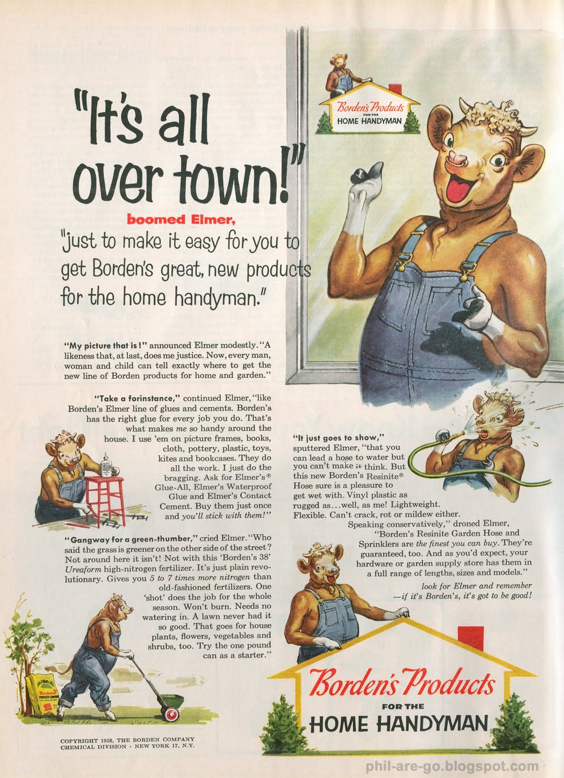 Full-page magazine format advertisement for Borden's featuring anthrpomorphized cow fixing things around the house. Full-page magazine format advertisement for Borden's featuring anthrpomorphized cow fixing things around the house.