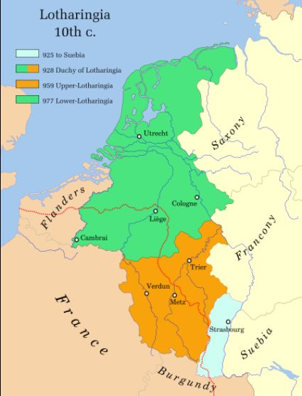 A divided Lorraine in 10th century taken from https://en.wikipedia.org/wiki/Duchy_of_Lorraine#/media/File:Lotharingia-959.svg