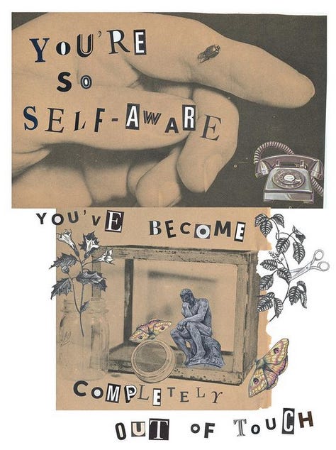 a collage from a softwrongness account on instagram reading "you're so self aware you're completely out of touch"