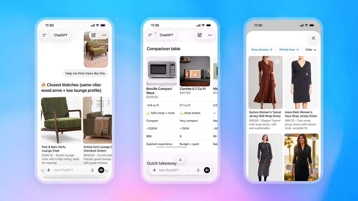 Three mobile interface mockups showing ChatGPT shopping experiences: the left screen displays furniture recommendations for a lounge chair style match, the middle screen shows a comparison table of product options with specs and pricing, and the right screen shows a filtered shopping grid for wrap dresses with selectable product cards and tags, all on a blue-to-pink gradient background. Three mobile interface mockups showing ChatGPT shopping experiences: the left screen displays furniture recommendations for a lounge chair style match, the middle screen shows a comparison table of product options with specs and pricing, and the right screen shows a filtered shopping grid for wrap dresses with selectable product cards and tags, all on a blue-to-pink gradient background.