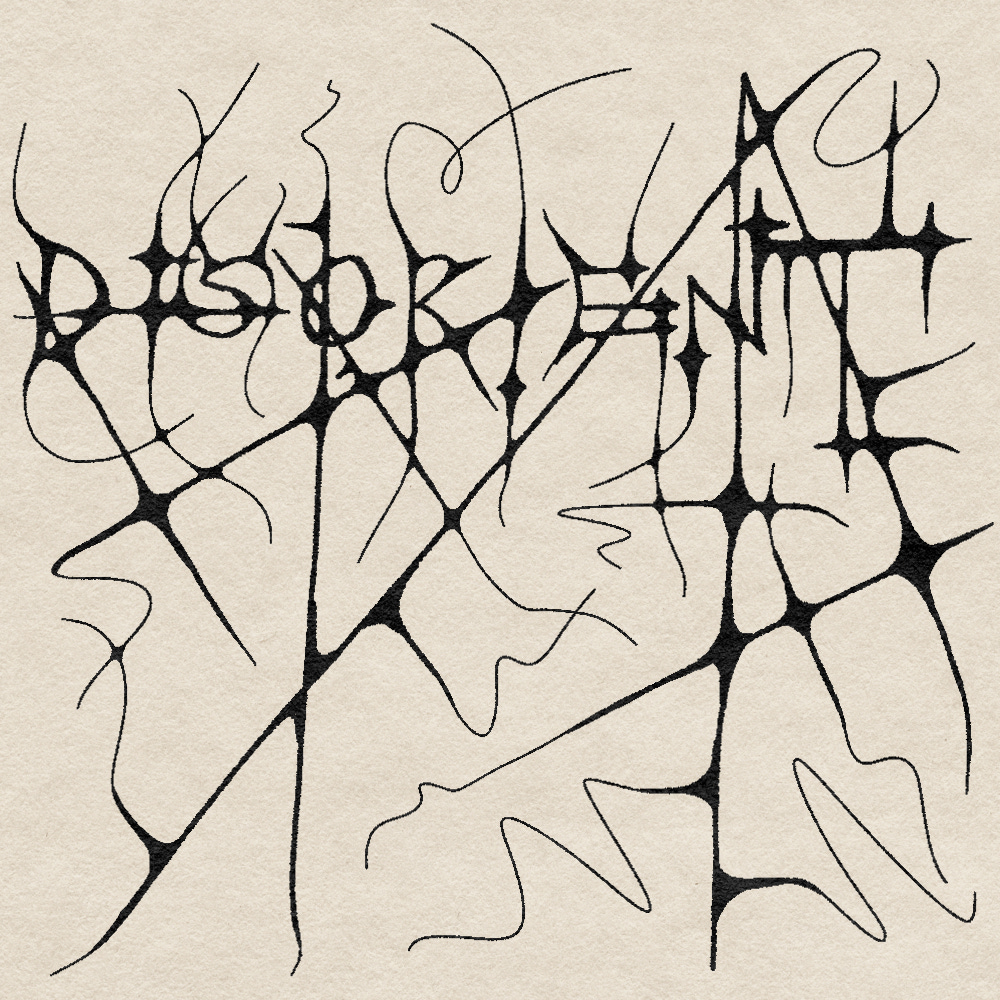 freehand font design reads "DISORIENT" in black intersecting font on a beige background freehand font design reads "DISORIENT" in black intersecting font on a beige background