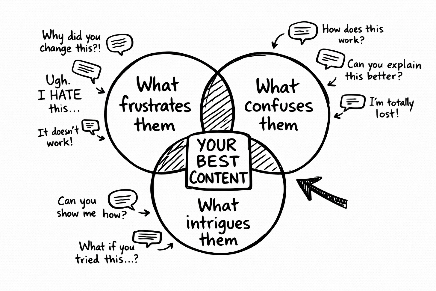 Venn diagram with three overlapping circles labeled What frustrates them, What confuses them, and What intrigues them. Speech bubbles around the outside show real audience comments like "Ugh, I HATE this," "Can you explain this better?" and "What if you tried this?" The center where all three circles overlap reads YOUR BEST CONTENT.