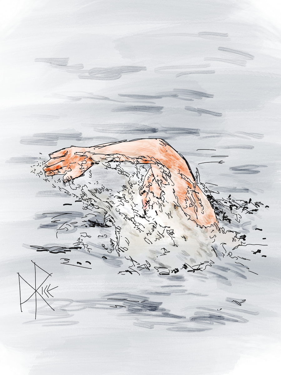 Facing his unsubmerged shoulder, a person takes a deep breath while freestyle swimming. Sketch art by Don Rice. Facing his unsubmerged shoulder, a person takes a deep breath while freestyle swimming. Sketch art by Don Rice.