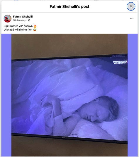 13 janar 2025: Fatmir Sheholli dhe Milaim Zeka së bashku në një lokal — shënimi: “Zarf i Zi si korbi… Në BBVIK të ardhshëm është mirë të jetë garues si banor.” 17 janar 2025: foto me shtrëngim duarsh — shënimi: “Sonte po hyn në Big Brother dhe nuk del 24 orë! Milaimi është vërtet show man.” 18 janar 2025: foto e ekranit nga Big Brother VIP Kosova ku Zeka shihet në gjumë — shënimi: “U knaqë Milaimi tu flejt.”