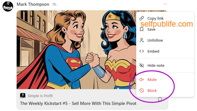 Screenshot of notes feed with dropdown showing mute and block settings. Screenshot of notes feed with dropdown showing mute and block settings.
