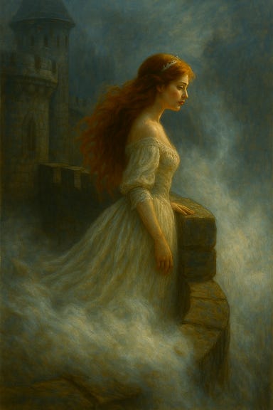 A safe and symbolic depiction of Tatyana at the edge of Castle Ravenloft. She stands on a mist-covered balcony at twilight, her red hair flowing in the wind. She wears a pale, flowing gown that glows softly in the fading light. Mist swirls gently around her feet and rises toward her, as if memory itself is lifting her. Her expression is serene and introspective, eyes closed, arms slightly outstretched. The castle looms behind her in shadow, and the sky is streaked with violet and silver. The atmosphere is ethereal, poetic, and emotionally charged.