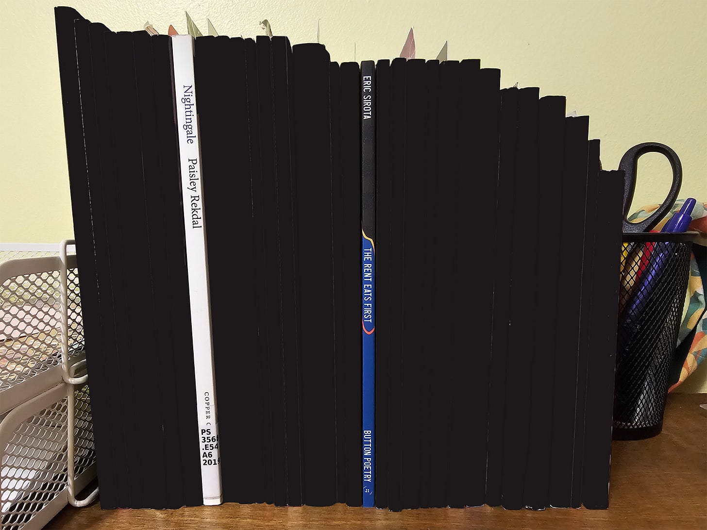 Two books' spines are revealed: Paisley Rekdal, "Nightingale," and Eric Sirota's "The Rent Eats First."