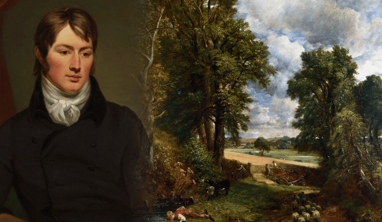 Portrait of young John Constable beside one of his iconic English landscape paintings featuring a rural scene with trees, fields, river, and grazing sheep.