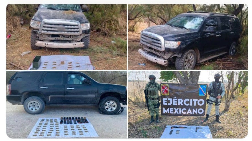 Mexican Authorities seized four "unarmored" cartel trucks, guns & ammo five miles south of the Texas-Mexico Border - Feb 18, 2025. Mexican Authorities seized four "unarmored" cartel trucks, guns & ammo five miles south of the Texas-Mexico Border - Feb 18, 2025.