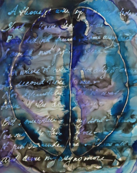 brain and neuron paintings in purple and blue ink, with text