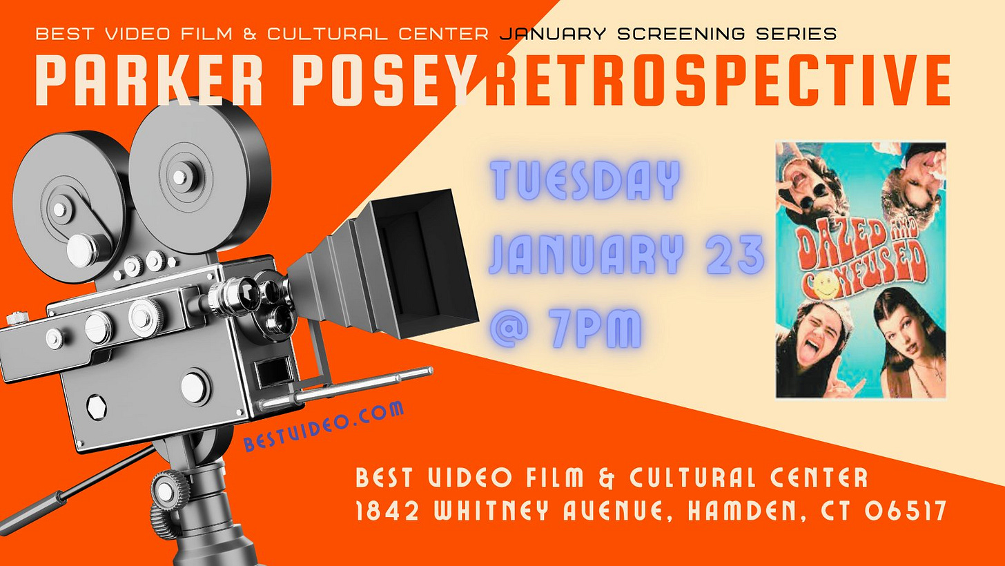 May be an image of 3 people and text that says 'BEST VIDEO FILM & CULTURAL CENTER JANUARY SCREENING SERIES PARKER POSEYRETROSPECTIVE TUESDAY JANUARY 23 CEOED AHO 7PM BESTUIDEO.COM BESTUIDEO BEST UIDEO FILM & CULTURAL CENTER 1842 WHITNEY AUENUE, HAMDEN, CT 06517'