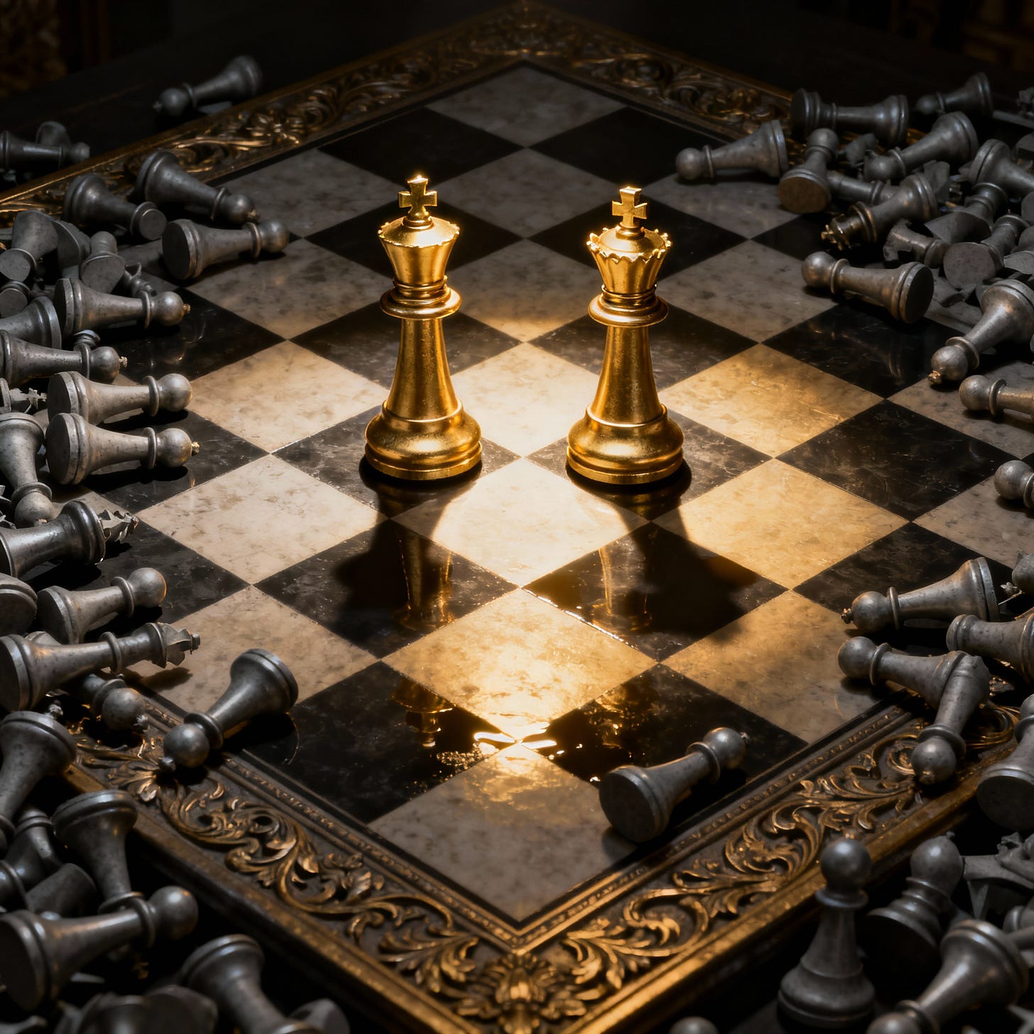 A powerful chessboard scene of inequality, golden kings and queens knocking over pawns.