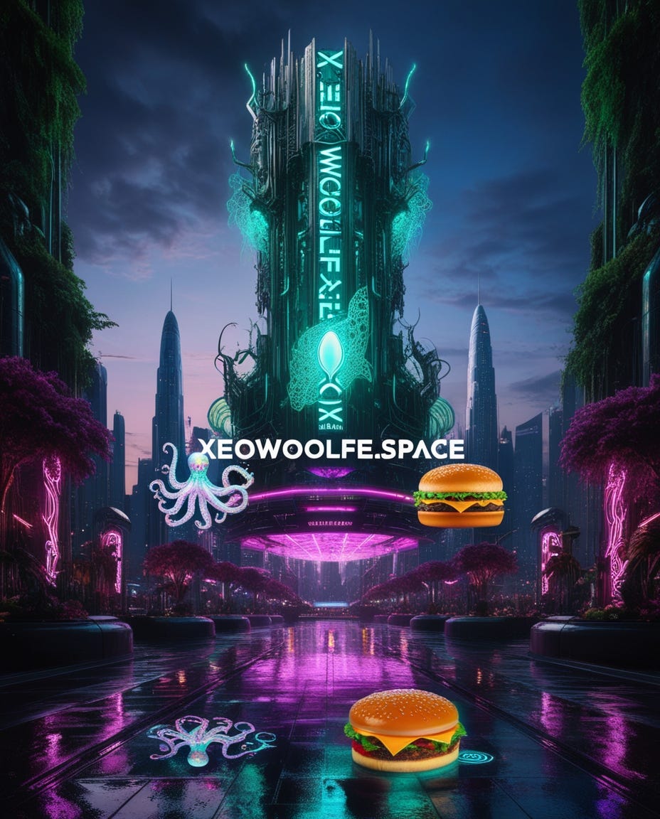 A breathtakingly vibrant and intricately detailed cinematic photograph of a futuristic metropolis at dusk, with lush, emerald green and rich, plum purple neon lights dancing across the wet, reflective pavement, featuring a magnificent, towering cyberpunk sign that dominates the frame, its delicate, lace-like neon mechanisms and glowing, electric blue circuitry eerily lit, with a striking icon of an eight-legged, iridescent alien octopus and another of a juicy, golden-brown hamburger, both set against a dark, gradient blue background that evokes a sense of mystery, otherworldliness, and limitless possibility, with the exact phrase "xeowoolfe.space" emblazoned in bold, shining silver, serif font with a subtle, rainbow-colored gradient effect, surrounded by a halo of soft, white light, and set against a backdrop of towering, sleek skyscrapers and bustling city streets alive with vibrant energy, dynamic motion, and an endless sense of possibility, as if the city never sleeps. A breathtakingly vibrant and intricately detailed cinematic photograph of a futuristic metropolis at dusk, with lush, emerald green and rich, plum purple neon lights dancing across the wet, reflective pavement, featuring a magnificent, towering cyberpunk sign that dominates the frame, its delicate, lace-like neon mechanisms and glowing, electric blue circuitry eerily lit, with a striking icon of an eight-legged, iridescent alien octopus and another of a juicy, golden-brown hamburger, both set against a dark, gradient blue background that evokes a sense of mystery, otherworldliness, and limitless possibility, with the exact phrase "xeowoolfe.space" emblazoned in bold, shining silver, serif font with a subtle, rainbow-colored gradient effect, surrounded by a halo of soft, white light, and set against a backdrop of towering, sleek skyscrapers and bustling city streets alive with vibrant energy, dynamic motion, and an endless sense of possibility, as if the city never sleeps.