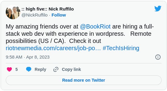 My amazing friends over at @BookRiot are hiring a full-stack web dev with experience in wordpress. Remote possibilities (US / CA). Check it out https://riotnewmedia.com/careers/job-posting-full-stack-web-developer/ #TechIsHiring My amazing friends over at @BookRiot are hiring a full-stack web dev with experience in wordpress. Remote possibilities (US / CA). Check it out https://riotnewmedia.com/careers/job-posting-full-stack-web-developer/ #TechIsHiring