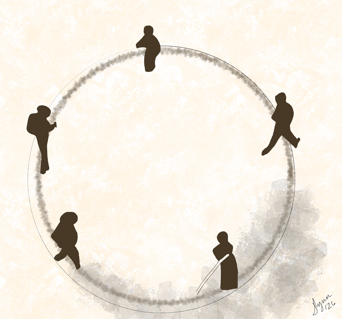 Minimalist sepia-toned illustration showing five human silhouettes spaced along a circular path. Each figure faces a different direction, symbolizing characters whose differing motivations and worldviews move around the same narrative circle.
