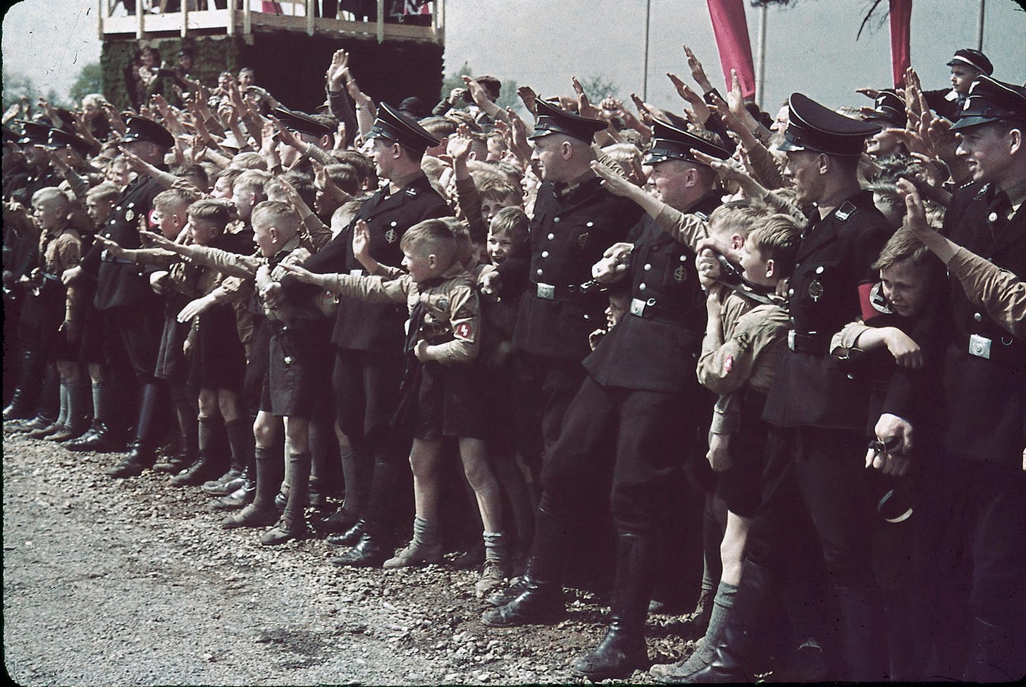 Crowds at a cornerstone ceremony at a Volkswagen factory, 1938.
