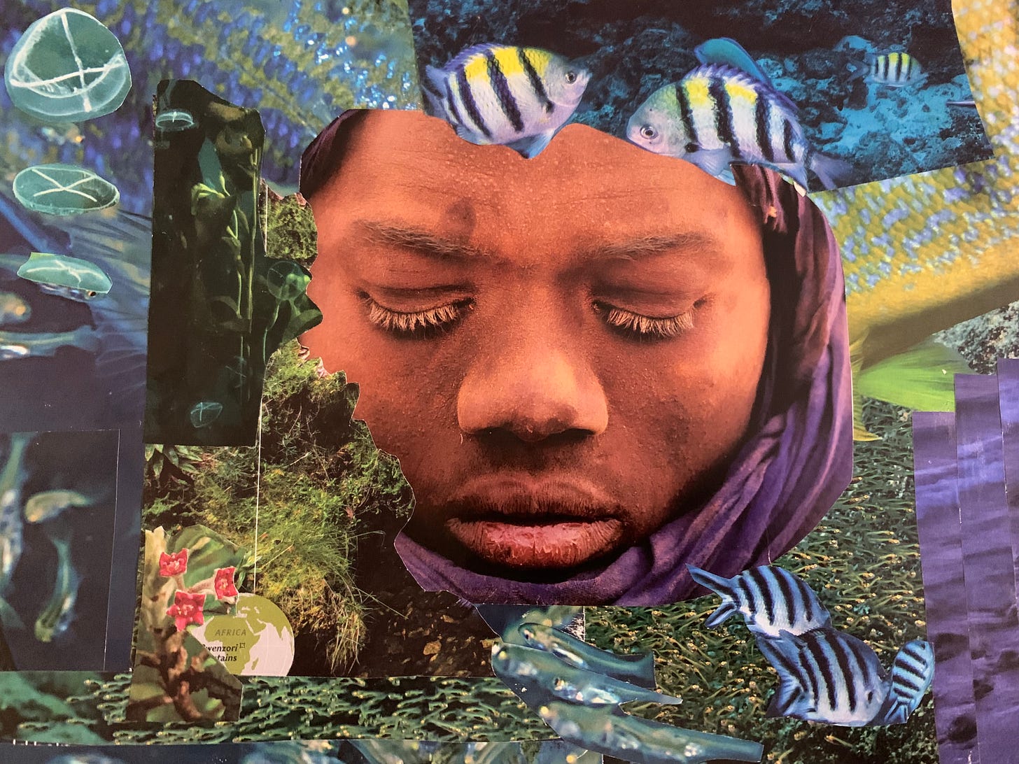 Collage of a Black woman in a hijab surrounded by sea and marine images.