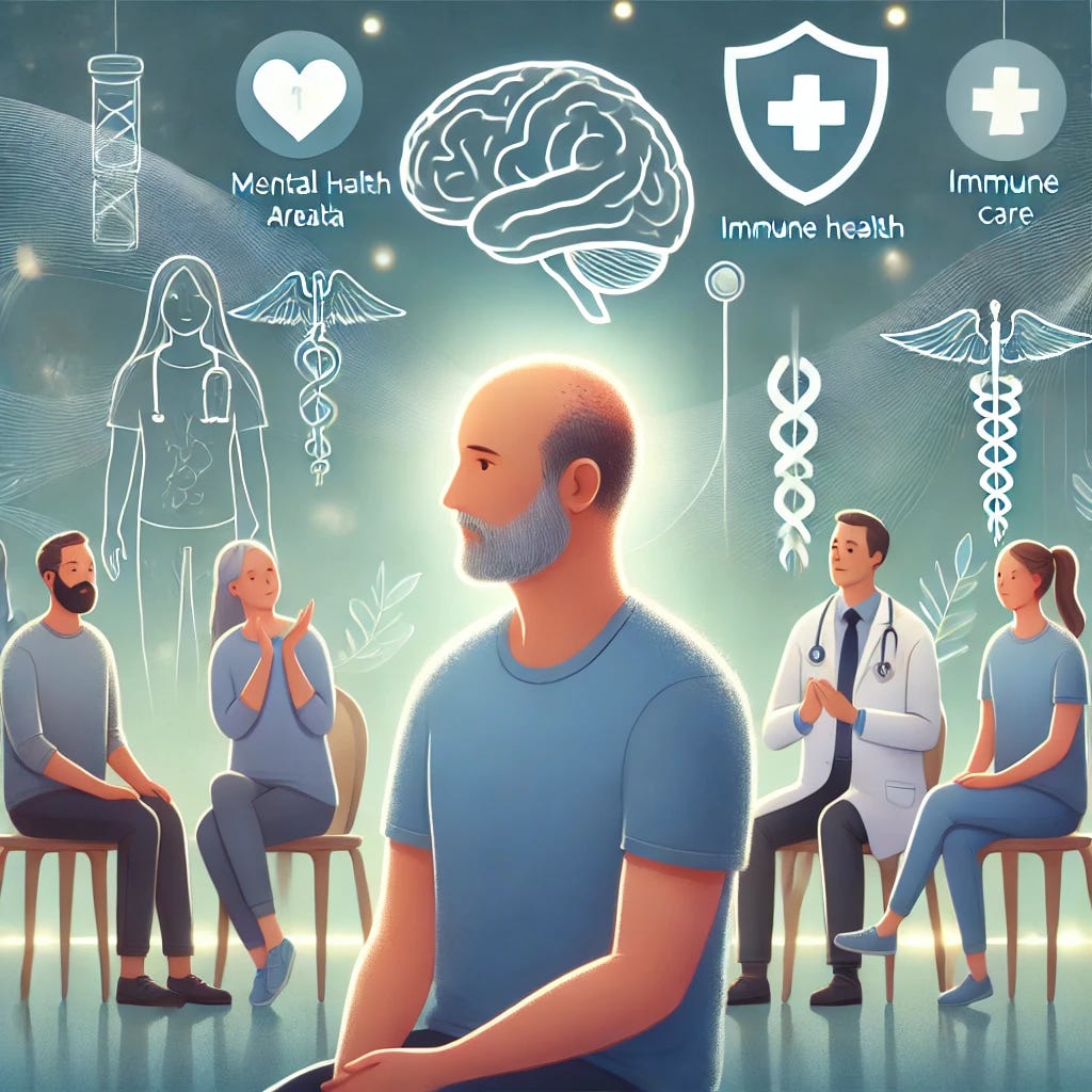 An empathetic medical illustration showing the connection between hair loss disorder (alopecia areata) and its mental health and immune system impacts. The scene features a calm and hopeful setting with a diverse group of individuals, some with visible hair loss, being supported by healthcare professionals. In the background, subtle symbols represent mental health and immune system care, like a brain and a shield. The overall tone is positive and supportive.