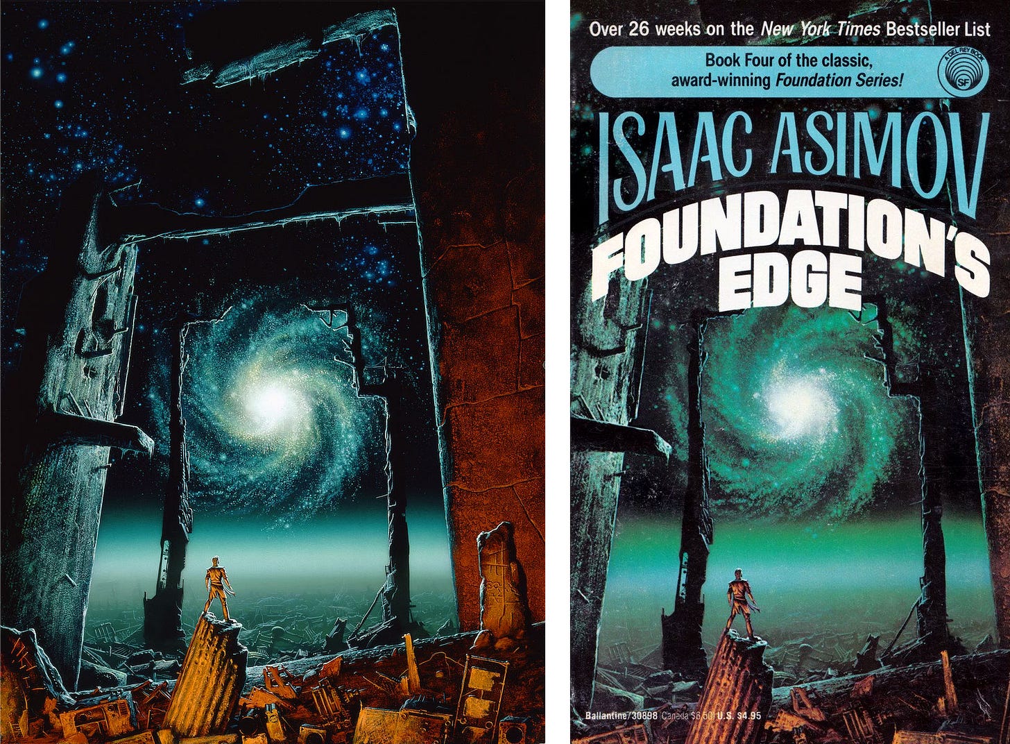 TRANTORIAN DREAM, cover illustration and book cover presented side-by-side. In the rubble of Trantor, a man stands on a broken pillar to gaze out a galactic spiral spinning brightly against a celestial canvas of stars. The immediate foreground is lit to give it an earthy red tint while the vista of planetary wreckage is gray-green leading up to a brilliant starscape of green and blue. Crumbling structures form a series of frames to give a sense of distance across the ruined surface of the planet.