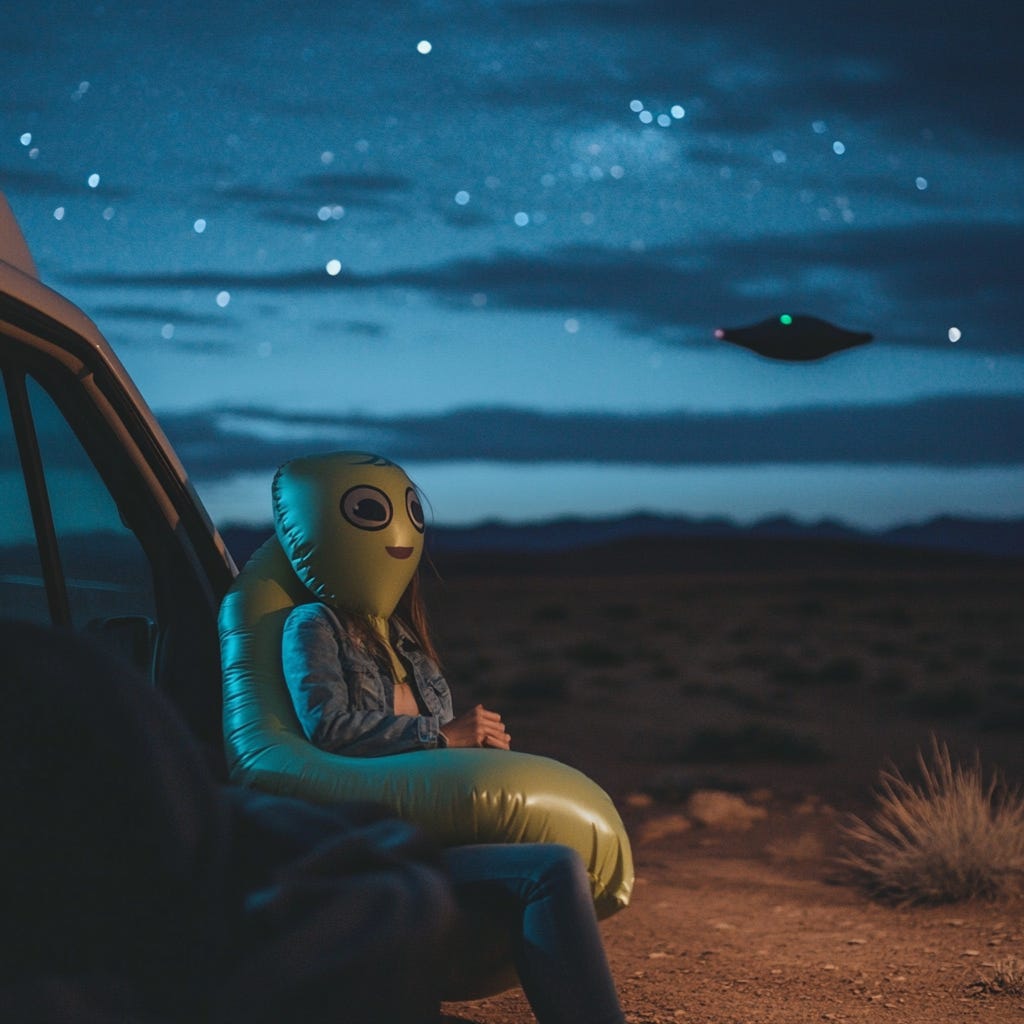 An photorealistic AI image of a woman with the head and body of an inflatable alien sitting outside of a van. A UFO is in the background. Her body is also part of an inflatable chair.