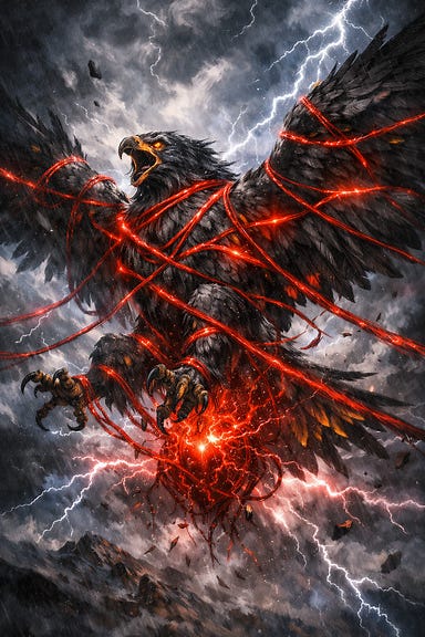 Great roc Turul bound by crimson tendrils of the Heart of Sorrows, the massive bird straining against the bindings as if almost too powerful to contain