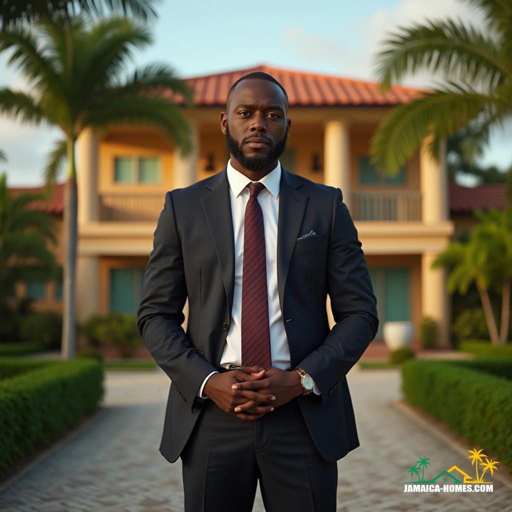 A confident and charismatic Jamaican real estate agent, dressed in a tailored suit and standing proudly in front of a stunning Caribbean mansion A confident and charismatic Jamaican real estate agent, dressed in a tailored suit and standing proudly in front of a stunning Caribbean mansion