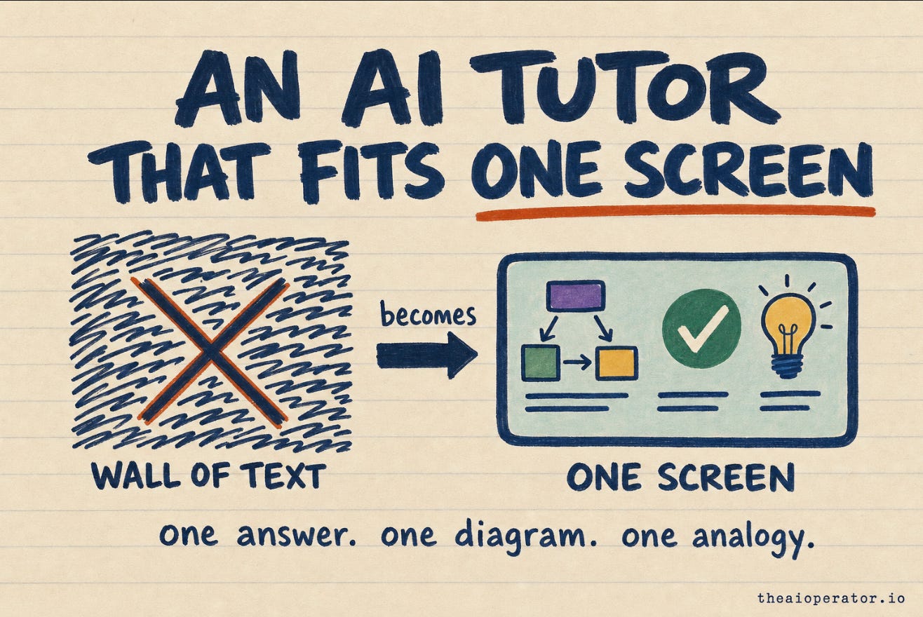 Hand-drawn sketchnote titled "An AI tutor that fits one screen." A scribbled block crossed out and labeled "wall of text" turns, via a "becomes" arrow, into a tidy screen showing a small diagram, a checkmark, and a lightbulb, labeled "one screen." Caption: one answer, one diagram, one analogy. Hand-drawn sketchnote titled "An AI tutor that fits one screen." A scribbled block crossed out and labeled "wall of text" turns, via a "becomes" arrow, into a tidy screen showing a small diagram, a checkmark, and a lightbulb, labeled "one screen." Caption: one answer, one diagram, one analogy.
