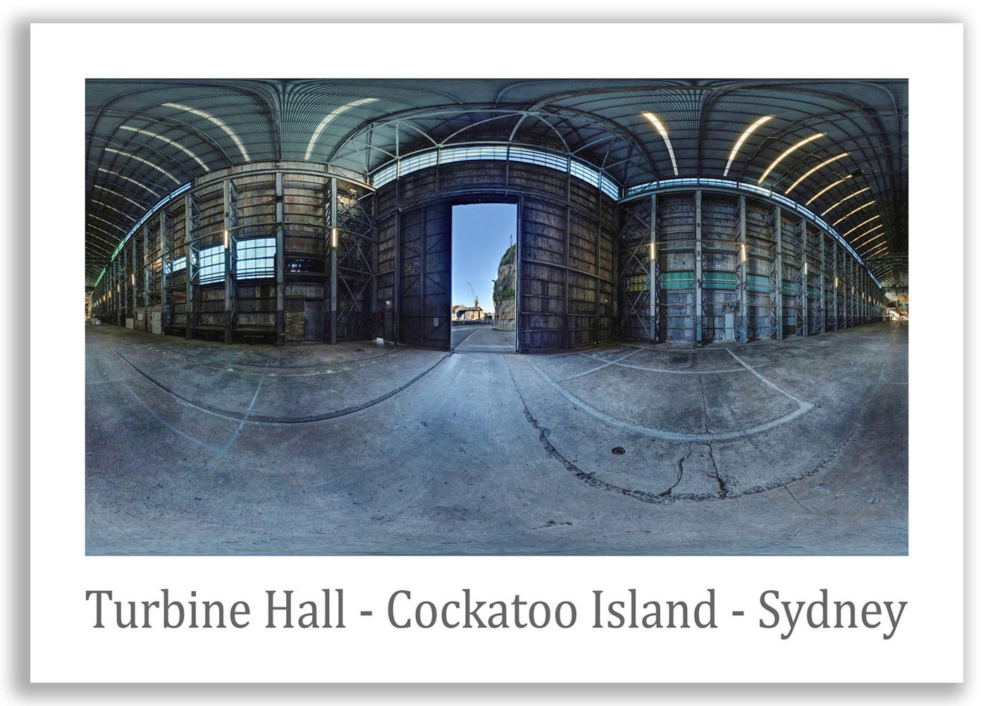 Poster print, The Turbine Hall workshop is the full 360-degrees flattened out and stretched, pulled upwards.