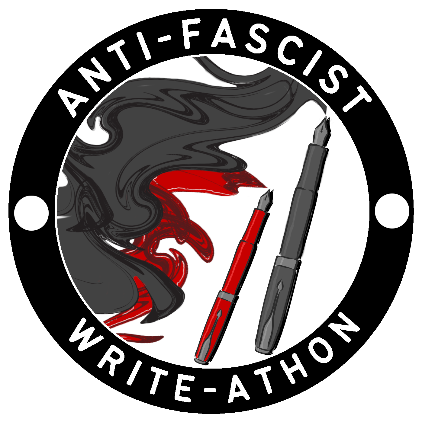 anti-fascist write-a-thon in a circle around two fountain pens, one red, one black, with red and black ink flowing from them. anti-fascist write-a-thon in a circle around two fountain pens, one red, one black, with red and black ink flowing from them.