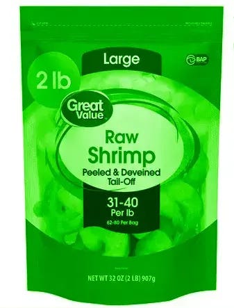 Great Value frozen shrimp bag, tinted neon green